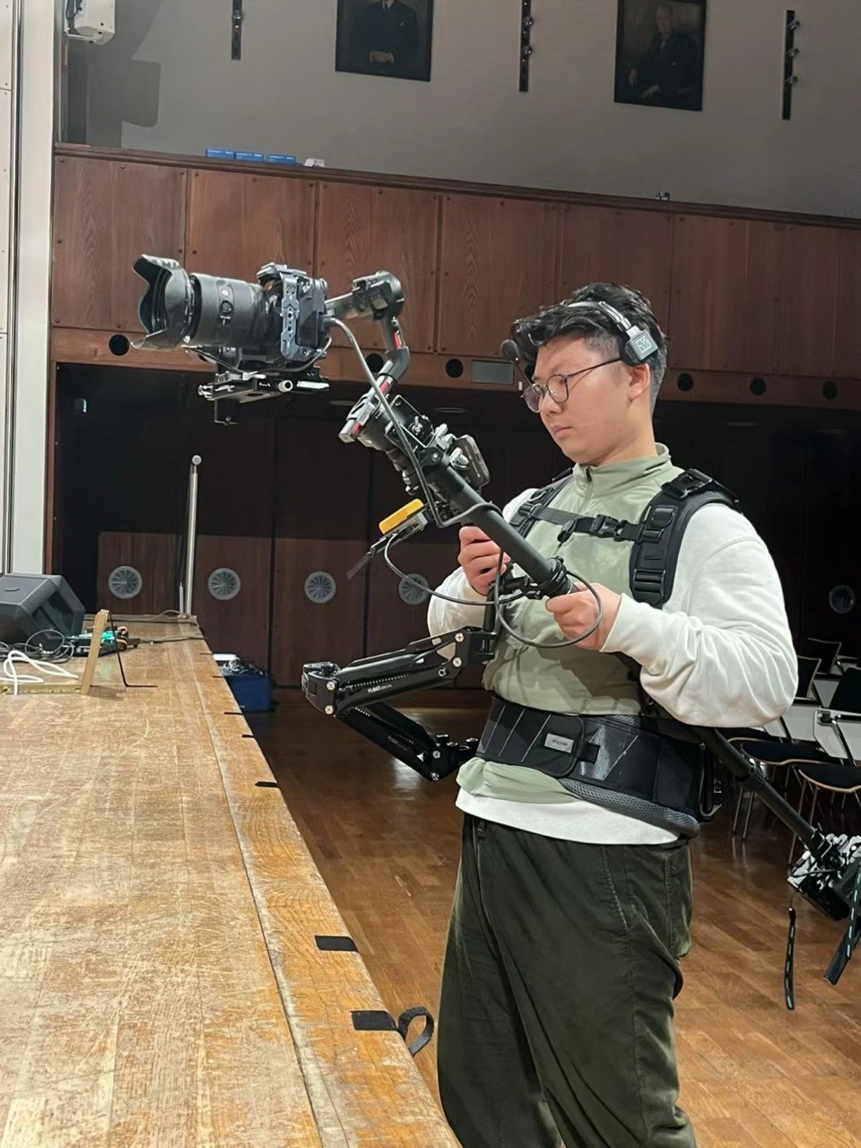 Calvin Yu preparing a stabilized cinema camera rig